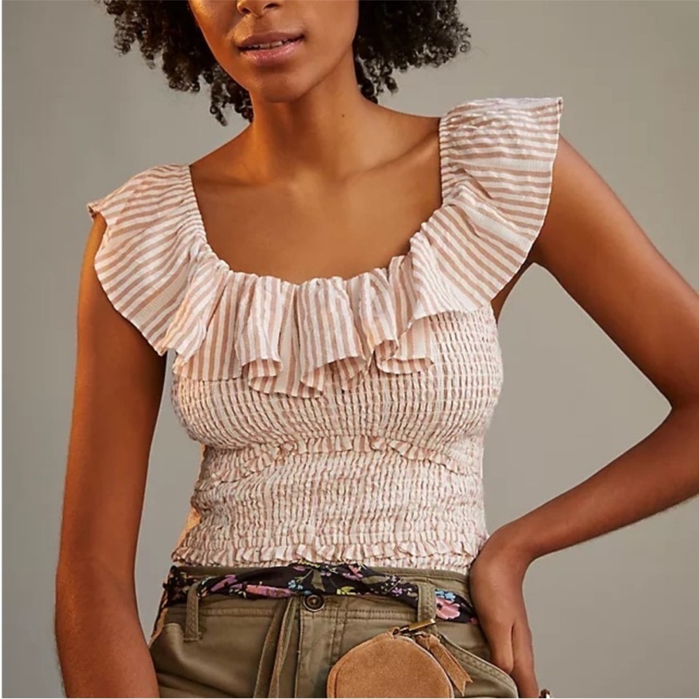Anthropologie Ruffle Smocked Blouse Tan
Stripe Tie Back Boho XS Petite